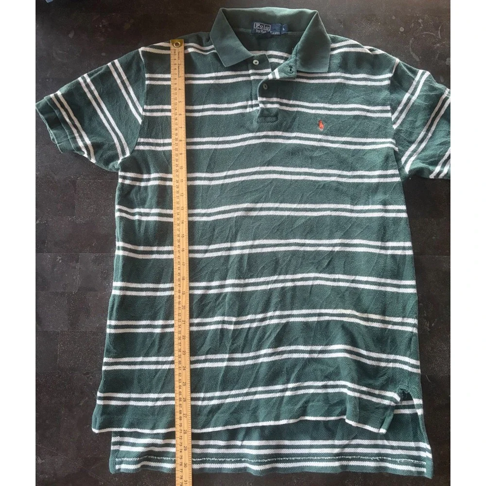 Polo Ralph Lauren Mens Green White Striped Short Sleeve Polo Shirt Large Cotton